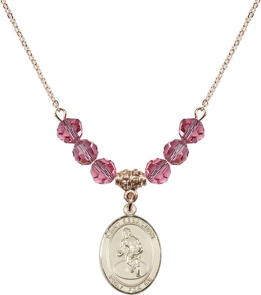 14kt Gold Filled Saint Sebastian/Wrestling Birthstone Necklace with Rose Beads - 8608