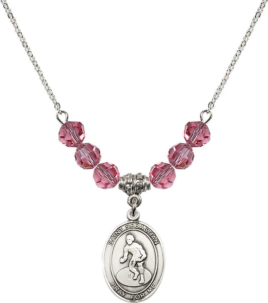 Sterling Silver Saint Sebastian/Wrestling Birthstone Necklace with Rose Beads - 8608