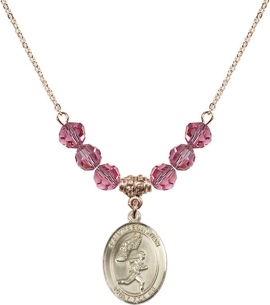 14kt Gold Filled Saint Sebastian /Track&Field-Men Birthstone Necklace with Rose Beads - 8609