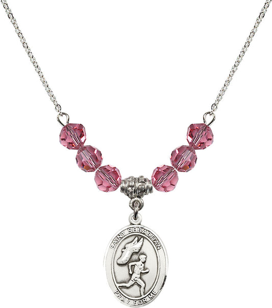 Sterling Silver Saint Sebastian /Track&Field-Men Birthstone Necklace with Rose Beads - 8609