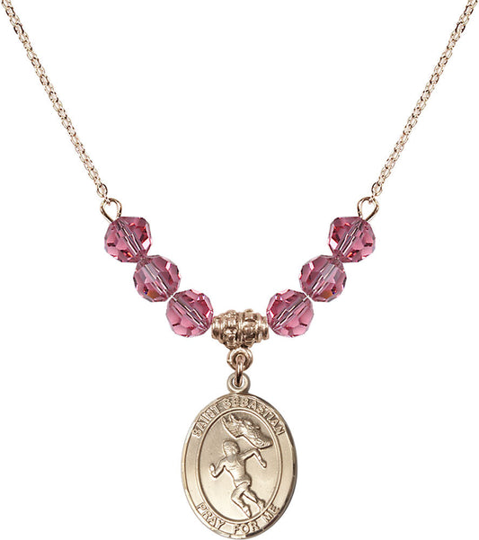 14kt Gold Filled Saint Sebastian /Track&Field-Women Birthstone Necklace with Rose Beads - 8610