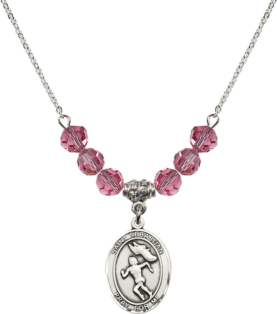 Sterling Silver Saint Sebastian /Track&Field-Women Birthstone Necklace with Rose Beads - 8610
