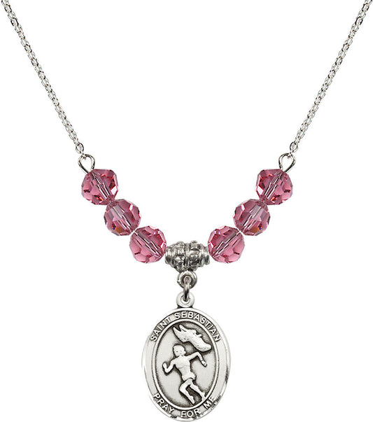 Sterling Silver Saint Sebastian /Track&Field-Women Birthstone Necklace with Rose Beads - 8610