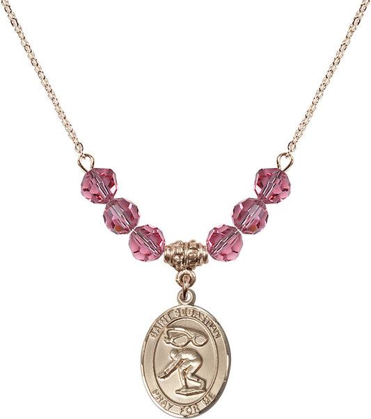 14kt Gold Filled Saint Sebastian/Swimming Birthstone Necklace with Rose Beads - 8611