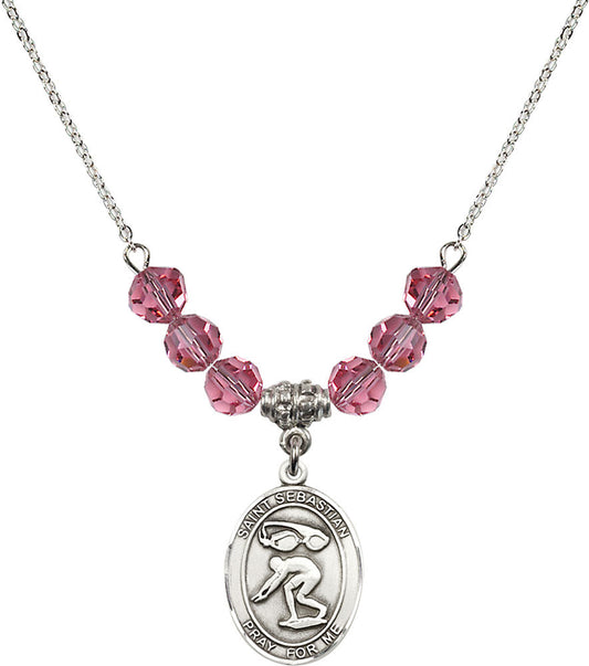 Sterling Silver Saint Sebastian/Swimming Birthstone Necklace with Rose Beads - 8611