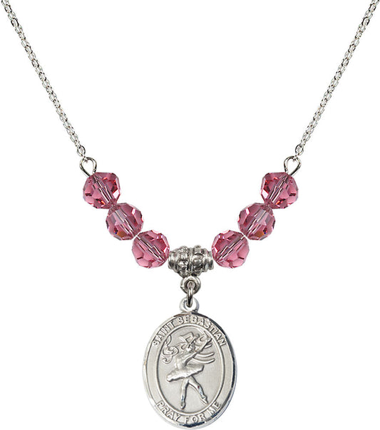 Sterling Silver Saint Sebastian / Dance Birthstone Necklace with Rose Beads - 8612