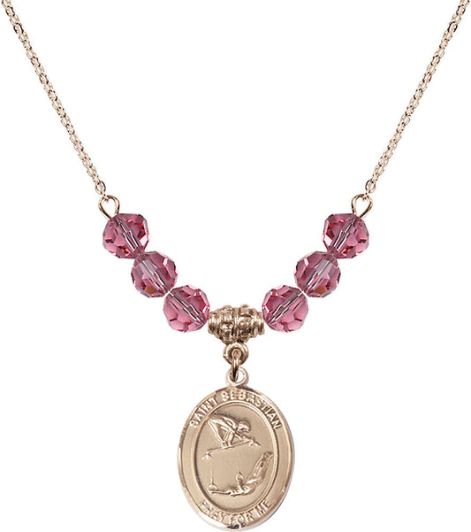 14kt Gold Filled Saint Sebastian/Gymnastics Birthstone Necklace with Rose Beads - 8613
