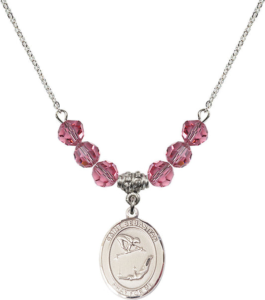 Sterling Silver Saint Sebastian/Gymnastics Birthstone Necklace with Rose Beads - 8613