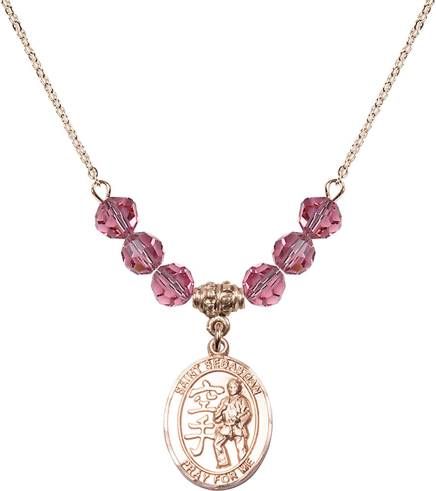 14kt Gold Filled Saint Sebastian/Karate Birthstone Necklace with Rose Beads - 8615