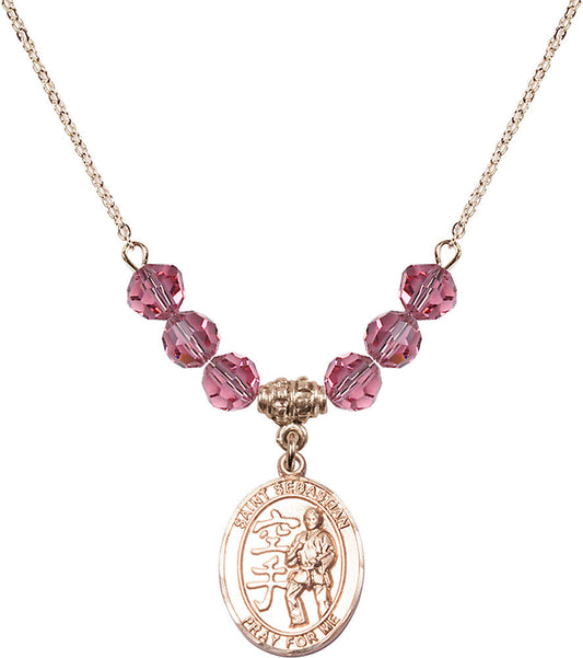 14kt Gold Filled Saint Sebastian/Karate Birthstone Necklace with Rose Beads - 8615