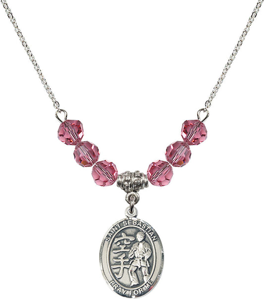 Sterling Silver Saint Sebastian/Karate Birthstone Necklace with Rose Beads - 8615