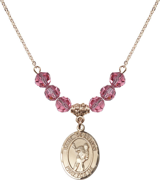 14kt Gold Filled Saint Sebastian/Lacrosse Birthstone Necklace with Rose Beads - 8616