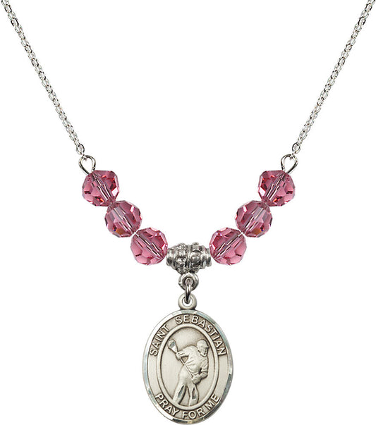 Sterling Silver Saint Sebastian/Lacrosse Birthstone Necklace with Rose Beads - 8616