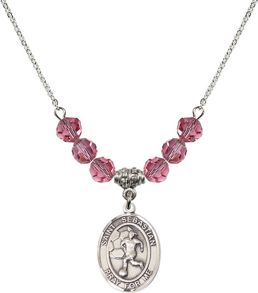 Sterling Silver Saint Sebastian/Soccer-Women Birthstone Necklace with Rose Beads - 8617