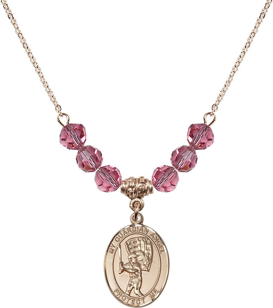 14kt Gold Filled Guardian Angel/Baseball Birthstone Necklace with Rose Beads - 8700