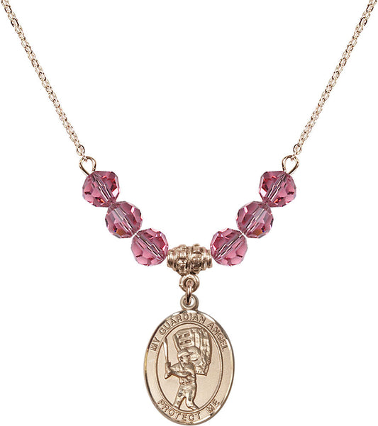 14kt Gold Filled Guardian Angel/Baseball Birthstone Necklace with Rose Beads - 8700