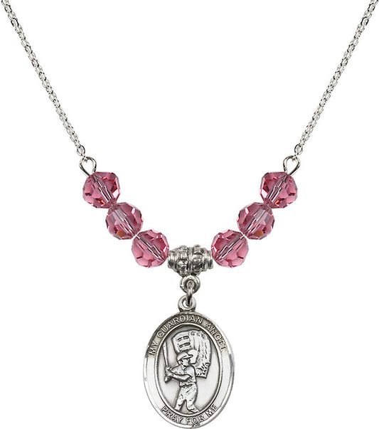 Sterling Silver Guardian Angel/Baseball Birthstone Necklace with Rose Beads - 8700