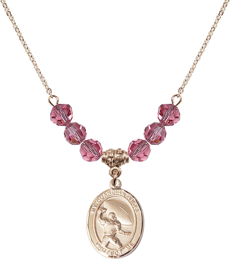 14kt Gold Filled Guardian Angel/Football Birthstone Necklace with Rose Beads - 8701