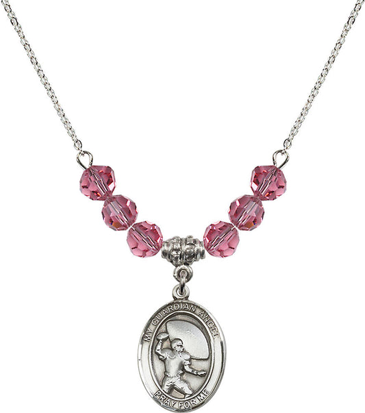 Sterling Silver Guardian Angel/Football Birthstone Necklace with Rose Beads - 8701