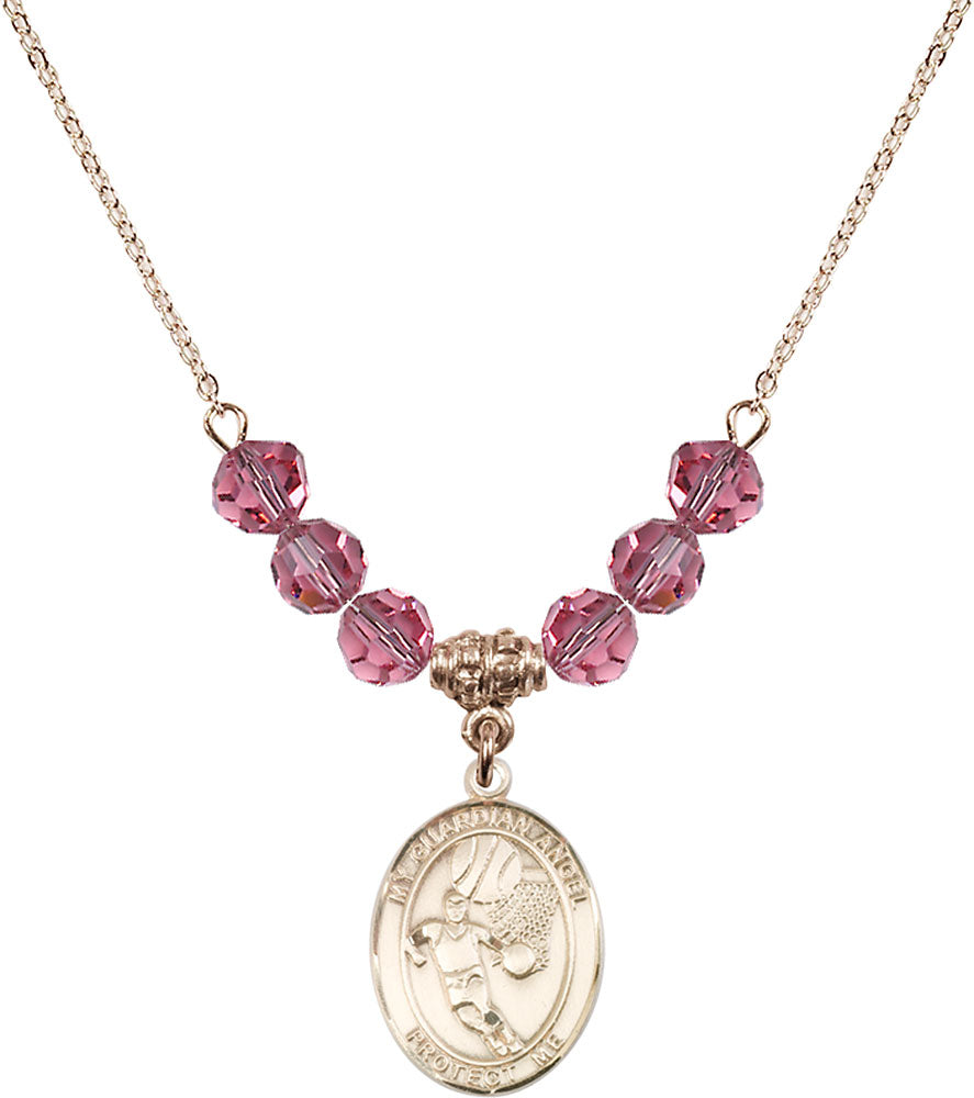 14kt Gold Filled Guardian Angel/Basketball Birthstone Necklace with Rose Beads - 8702