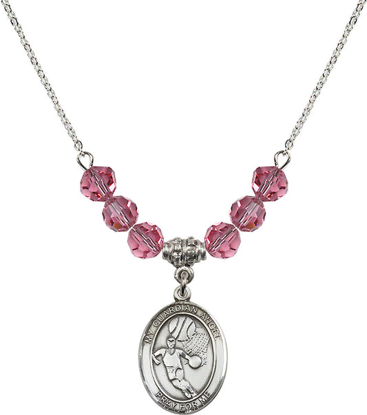 Sterling Silver Guardian Angel/Basketball Birthstone Necklace with Rose Beads - 8702