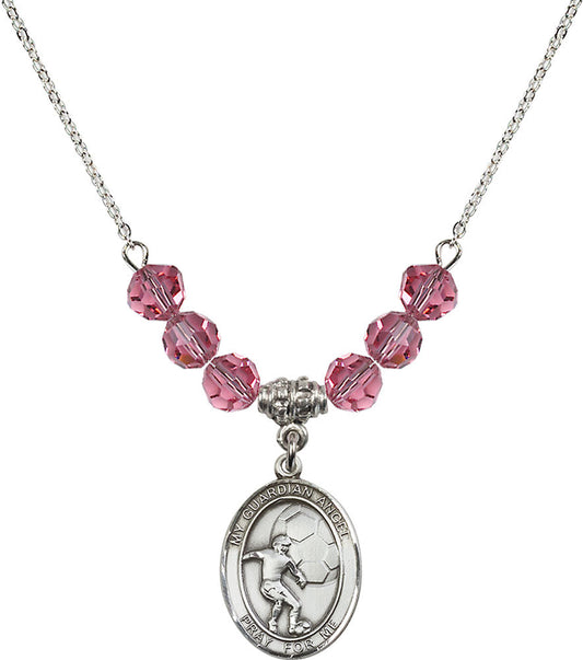 Sterling Silver Guardian Angel/Soccer Birthstone Necklace with Rose Beads - 8703