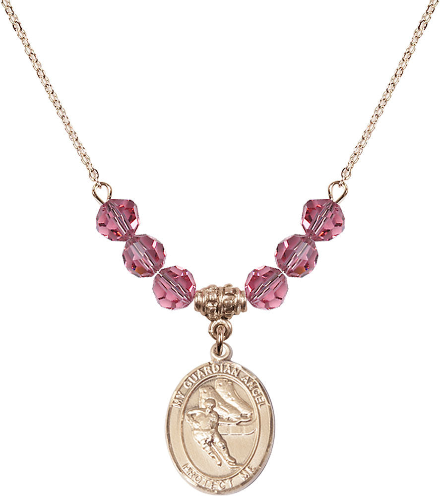 14kt Gold Filled Guardian Angel/Hockey Birthstone Necklace with Rose Beads - 8704