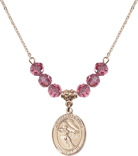 14kt Gold Filled Guardian Angel/Hockey Birthstone Necklace with Rose Beads - 8704