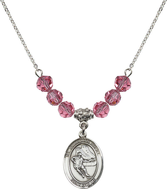 Sterling Silver Guardian Angel/Hockey Birthstone Necklace with Rose Beads - 8704