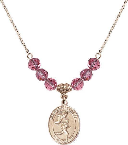 14kt Gold Filled Guardian Angel/Track&Field-Men Birthstone Necklace with Rose Beads - 8709