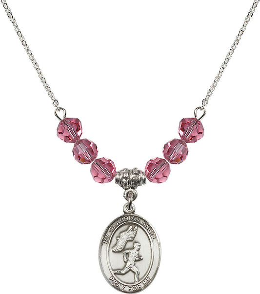 Sterling Silver Guardian Angel/Track&Field-Men Birthstone Necklace with Rose Beads - 8709