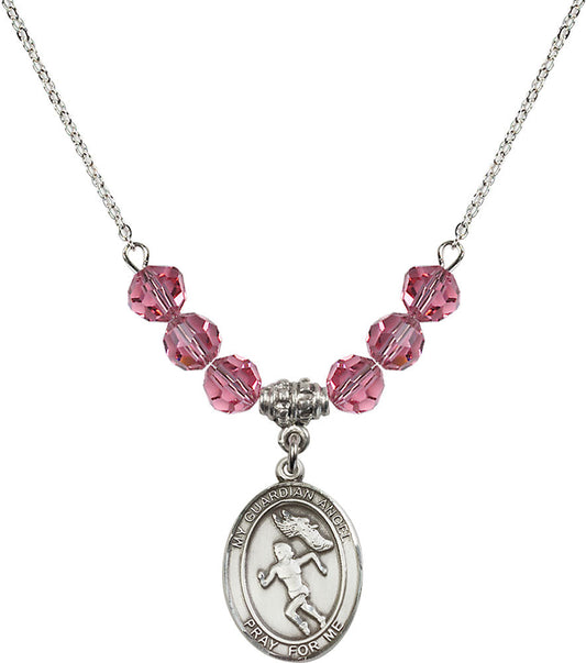Sterling Silver Guardian Angel/Track&Field-Women Birthstone Necklace with Rose Beads - 8710