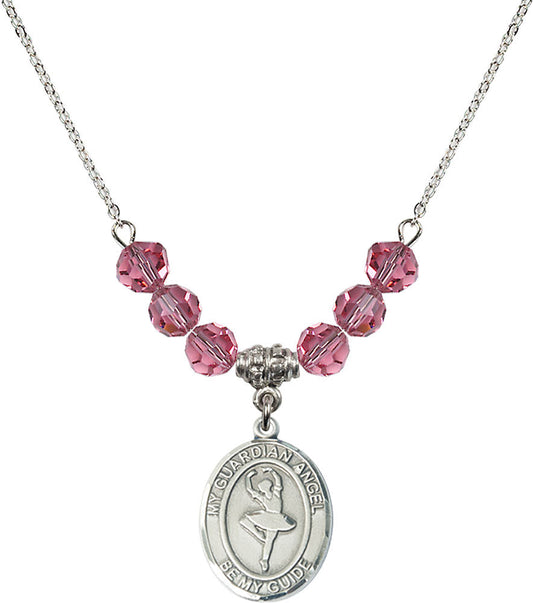 Sterling Silver Guardian Angel/Dance Birthstone Necklace with Rose Beads - 8712