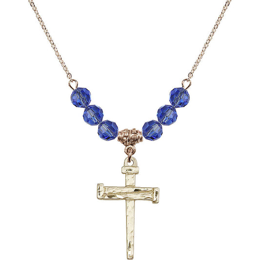 14kt Gold Filled Nail Cross Birthstone Necklace with Sapphire Beads - 0013