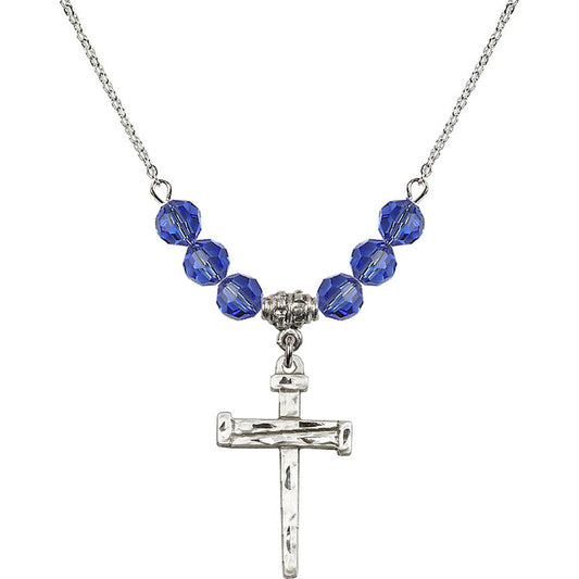 Sterling Silver Nail Cross Birthstone Necklace with Sapphire Beads - 0013