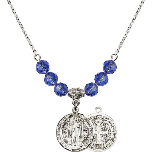 Sterling Silver Saint Benedict Birthstone Necklace with Sapphire Beads - 0026