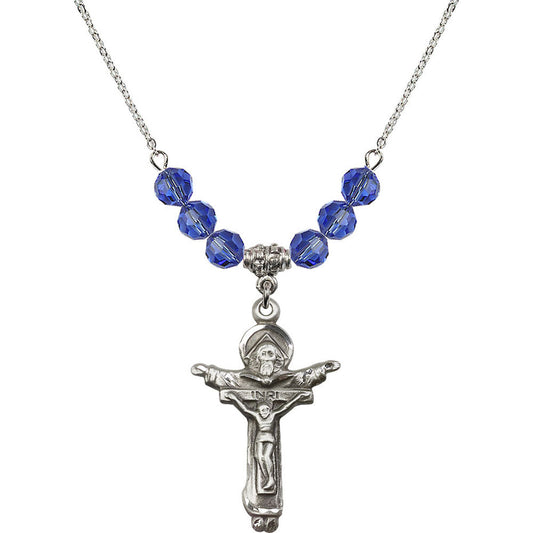 Sterling Silver Trinity Crucifix Birthstone Necklace with Sapphire Beads - 0065