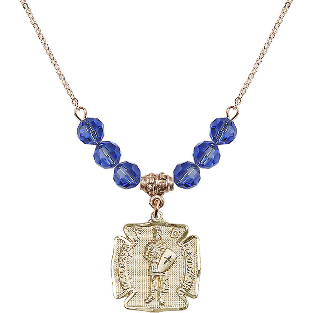 14kt Gold Filled Saint Florian Birthstone Necklace with Sapphire Beads - 0070