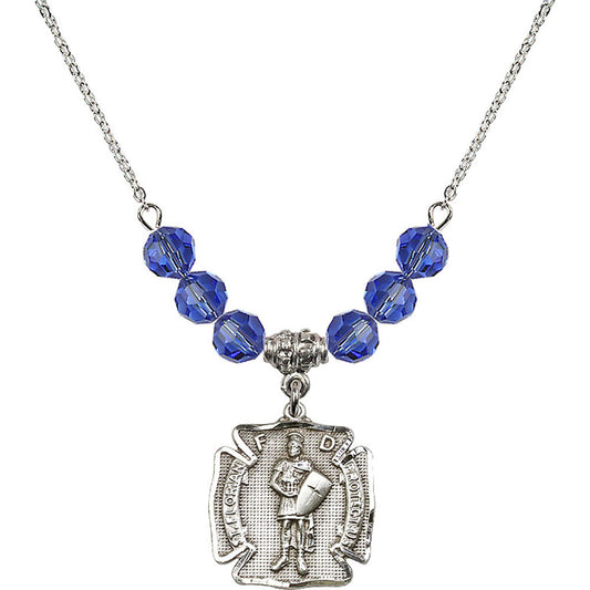 Sterling Silver Saint Florian Birthstone Necklace with Sapphire Beads - 0070