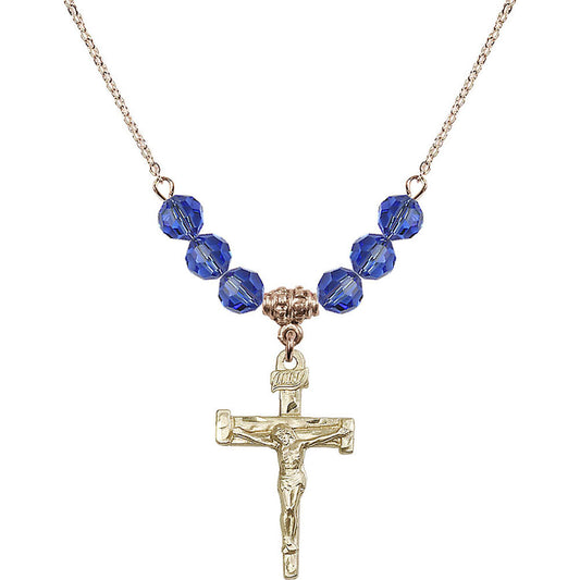 14kt Gold Filled Nail Crucifix Birthstone Necklace with Sapphire Beads - 0073