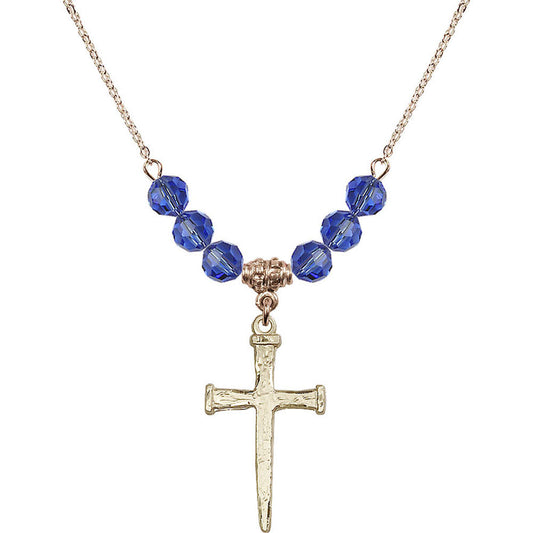 14kt Gold Filled Nail Cross Birthstone Necklace with Sapphire Beads - 0085
