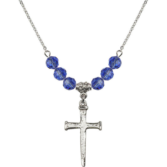 Sterling Silver Nail Cross Birthstone Necklace with Sapphire Beads - 0085