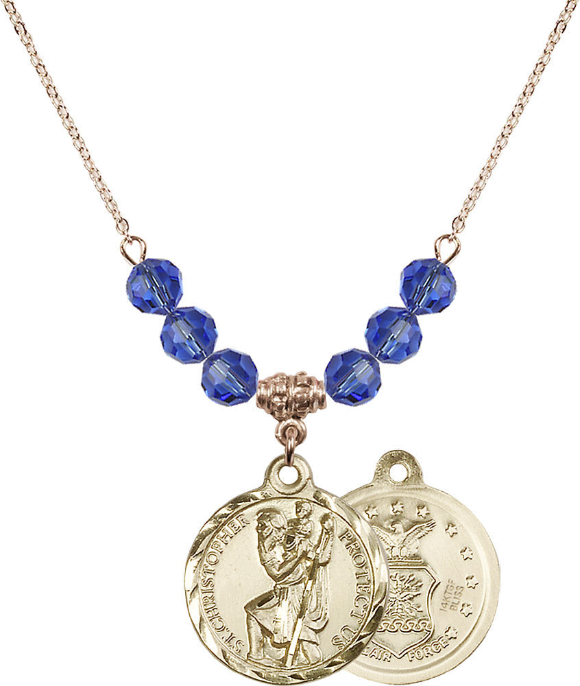 14kt Gold Filled Saint Christopher / Air Force Birthstone Necklace with Sapphire Beads - 0192