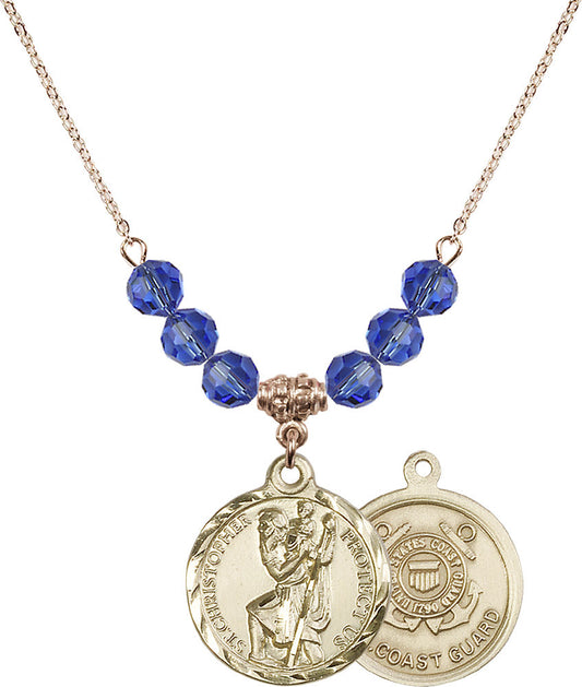 14kt Gold Filled Saint Christopher / Coast Guard Birthstone Necklace with Sapphire Beads - 0192