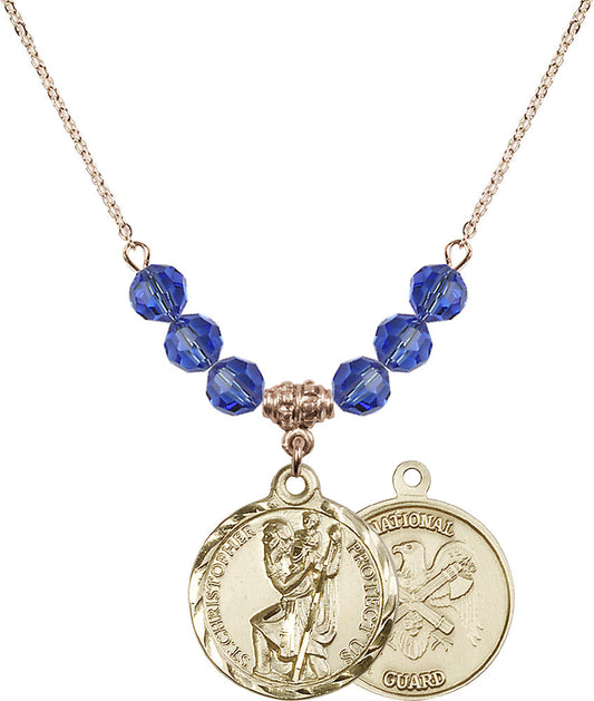 14kt Gold Filled Saint Christopher / Nat'l Guard Birthstone Necklace with Sapphire Beads - 0192