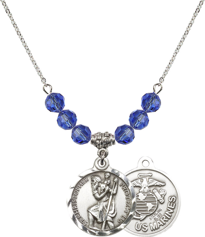Sterling Silver Saint Christopher / Marines Birthstone Necklace with Sapphire Beads - 0192