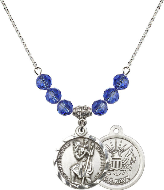 Sterling Silver Saint Christopher / Navy Birthstone Necklace with Sapphire Beads - 0192