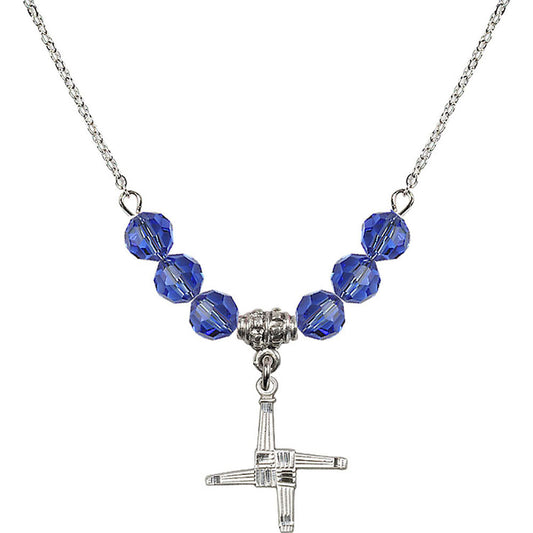 Sterling Silver Saint Brigid Cross Birthstone Necklace with Sapphire Beads - 0290