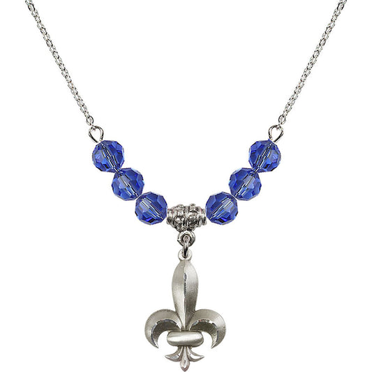 Sterling Silver Fleur de Lis Birthstone Necklace with Sapphire Beads - 0294