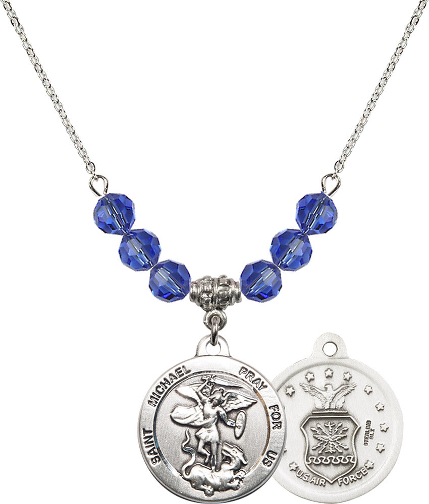 Sterling Silver Saint Michael / Air Force Birthstone Necklace with Sapphire Beads - 0342
